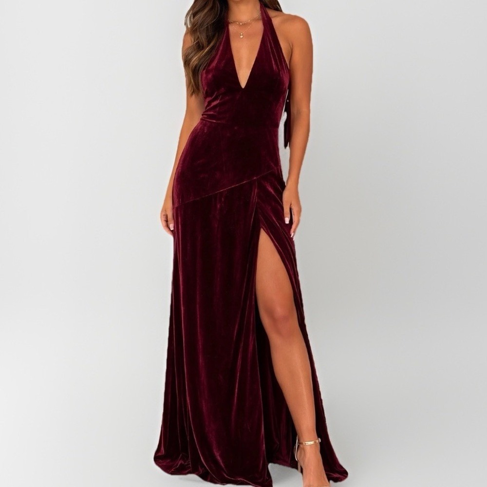 Revelry Burgundy Red Velvet Halter Maxi Dress Formal Evening Slit Sz 14 Romantic